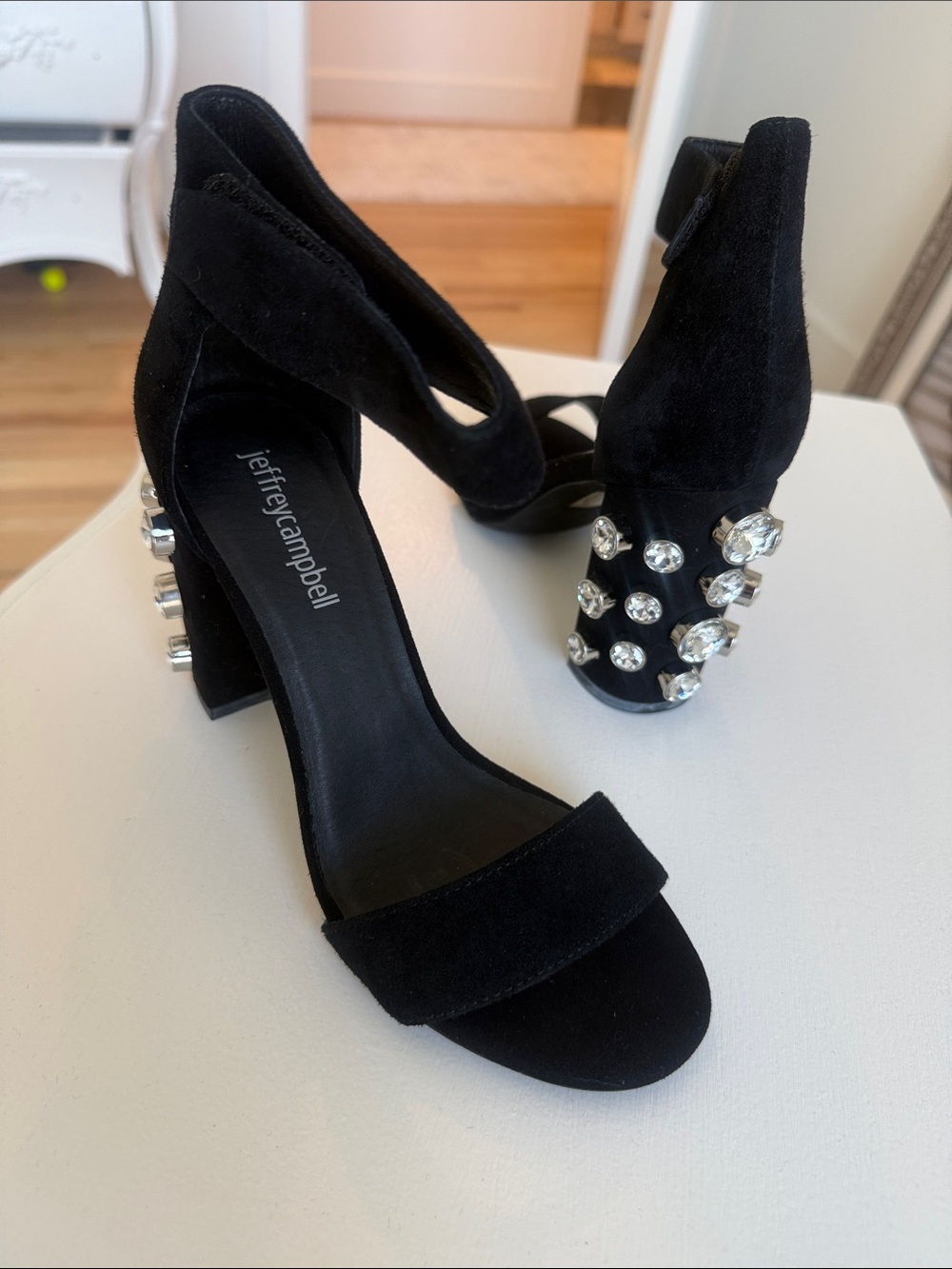Jeffrey Campbell Black Suede Crystal-Embellished Block Heels
